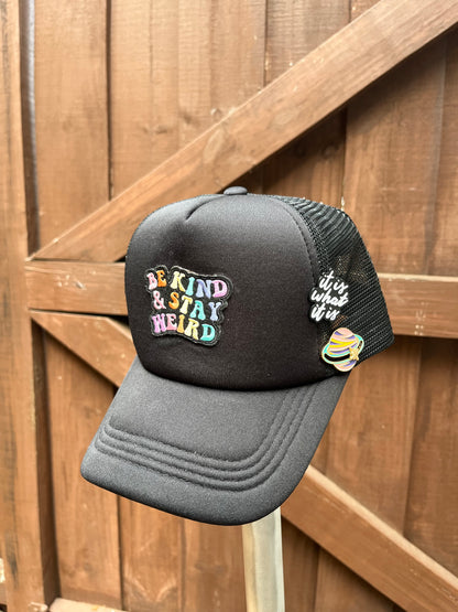 "be kind & stay weird" trucker hat